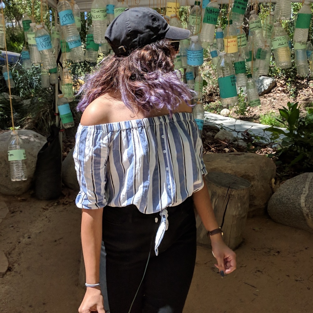 Blue and white striped off the shoulder top